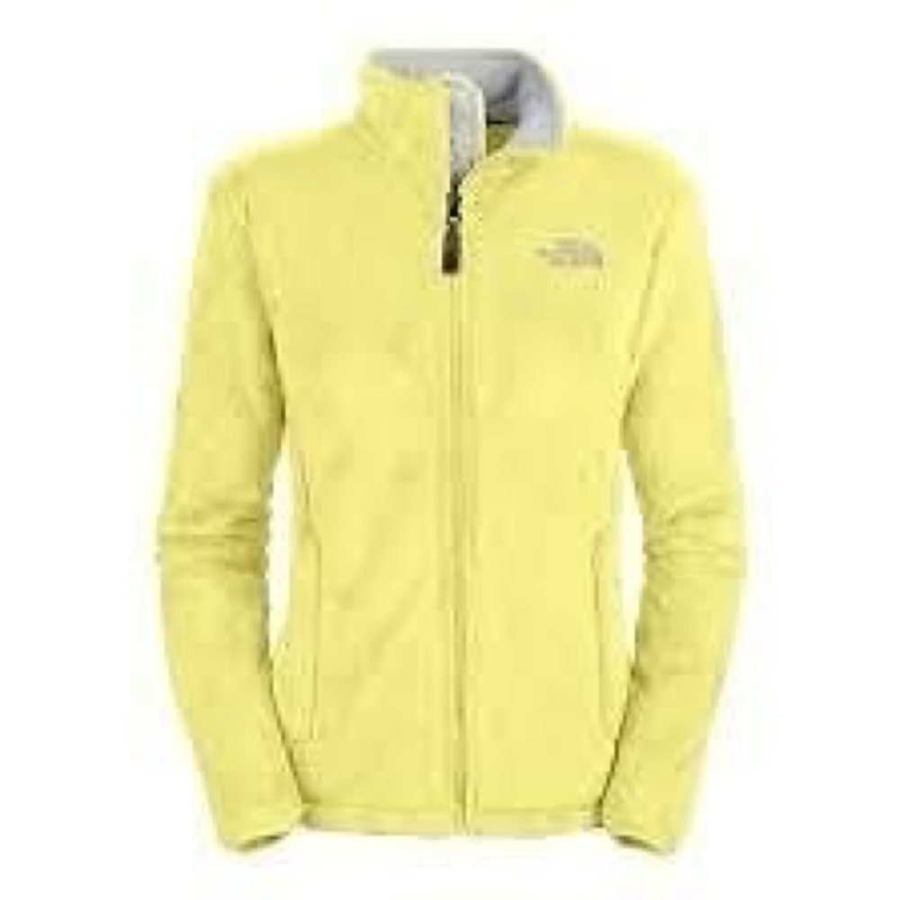 neon yellow fuzzy North Face jacket